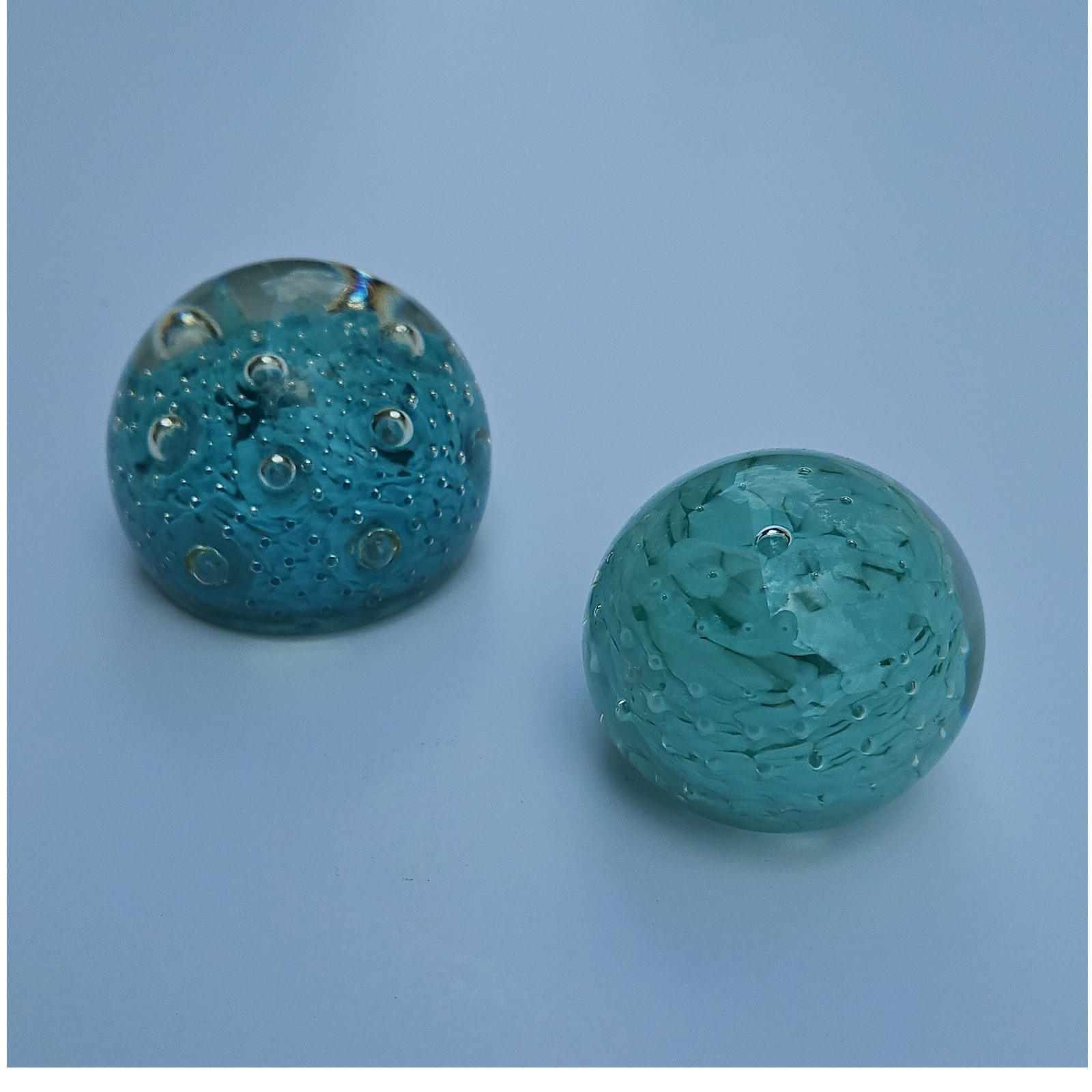 Blue & Green Art Glass Paperweight Spheres Set of 2, Decorative Glass