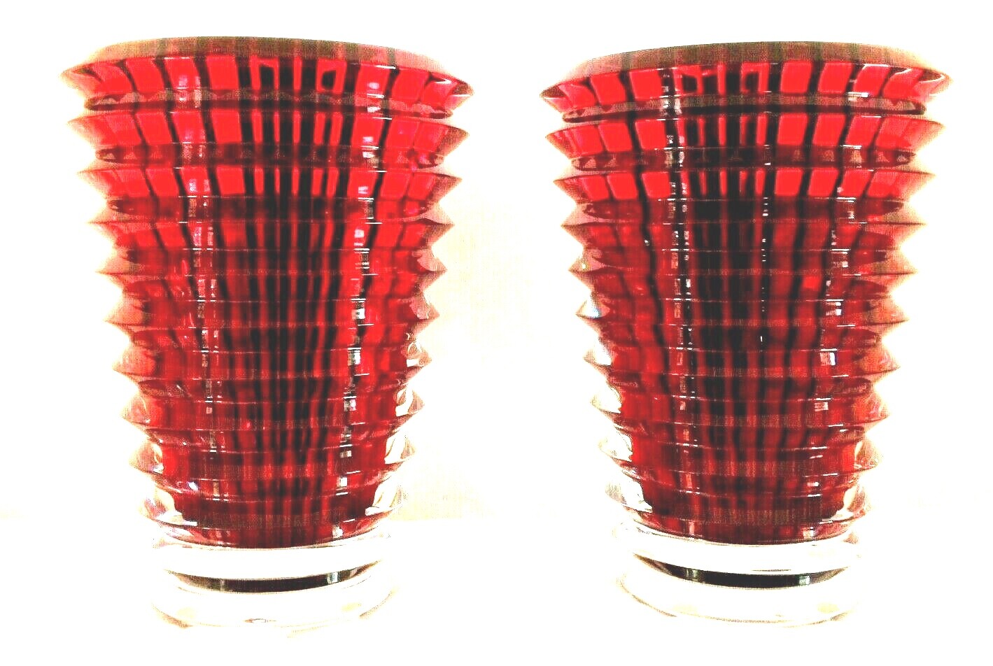 BACCARAT FRANCE ‘PAIR OVAL EYE VASES’ 9.25″T in CUT RED CRYSTAL W/ORIGINAL BOXES