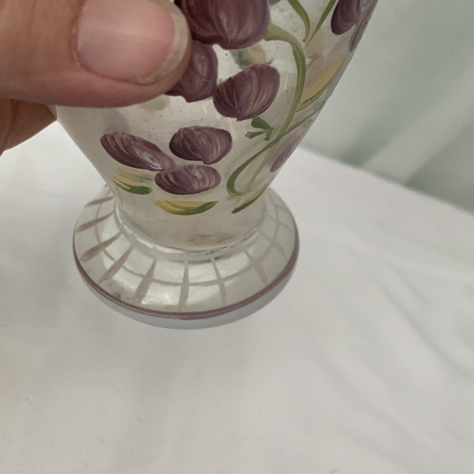 Glass Vase Hand Painted Purple Floral Motif 7.5″ Decorative Home Decor Flowers