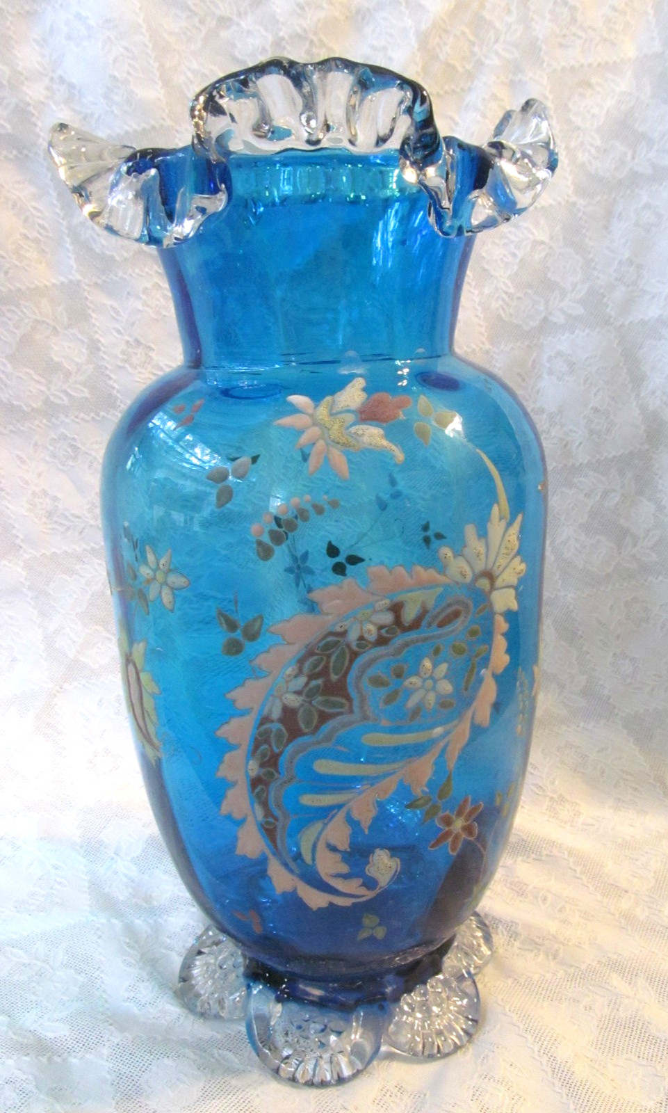 Late 1800s Victorian Tall Hand Blown Art Glass Vase w/Enameled Gilt Decoration