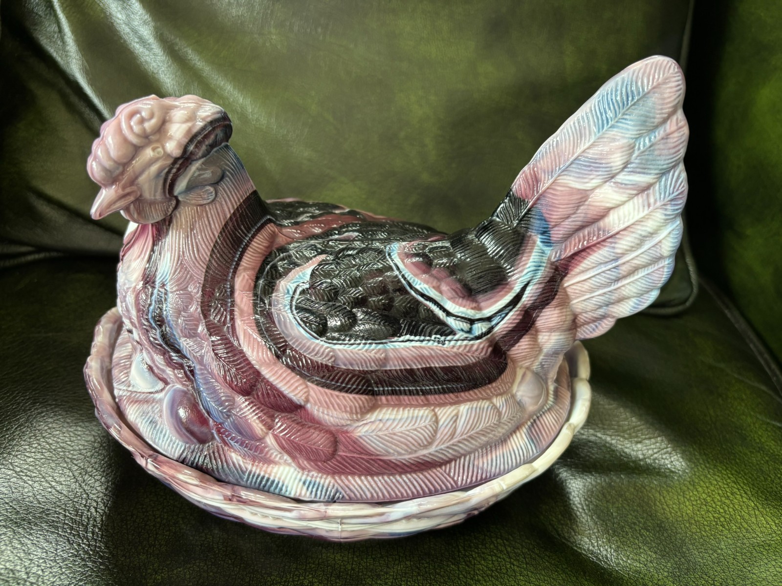 Large Vintage Slag Glass Hen on Nest, Gorgeous Swirls in Purple and White