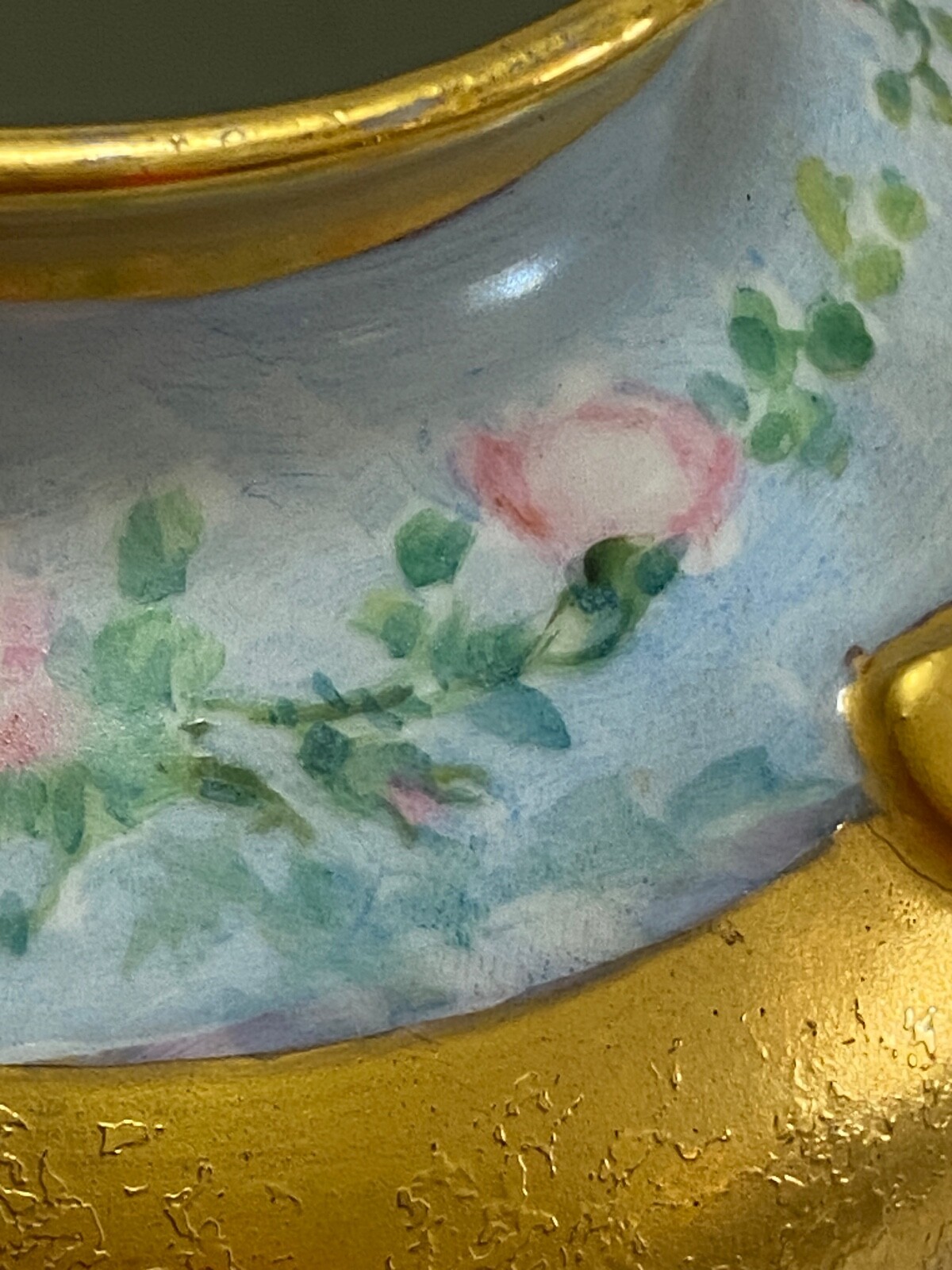 RS Germany VASE Gold Hand Painted Signed Handled Pink Roses Antique 6″ Holman