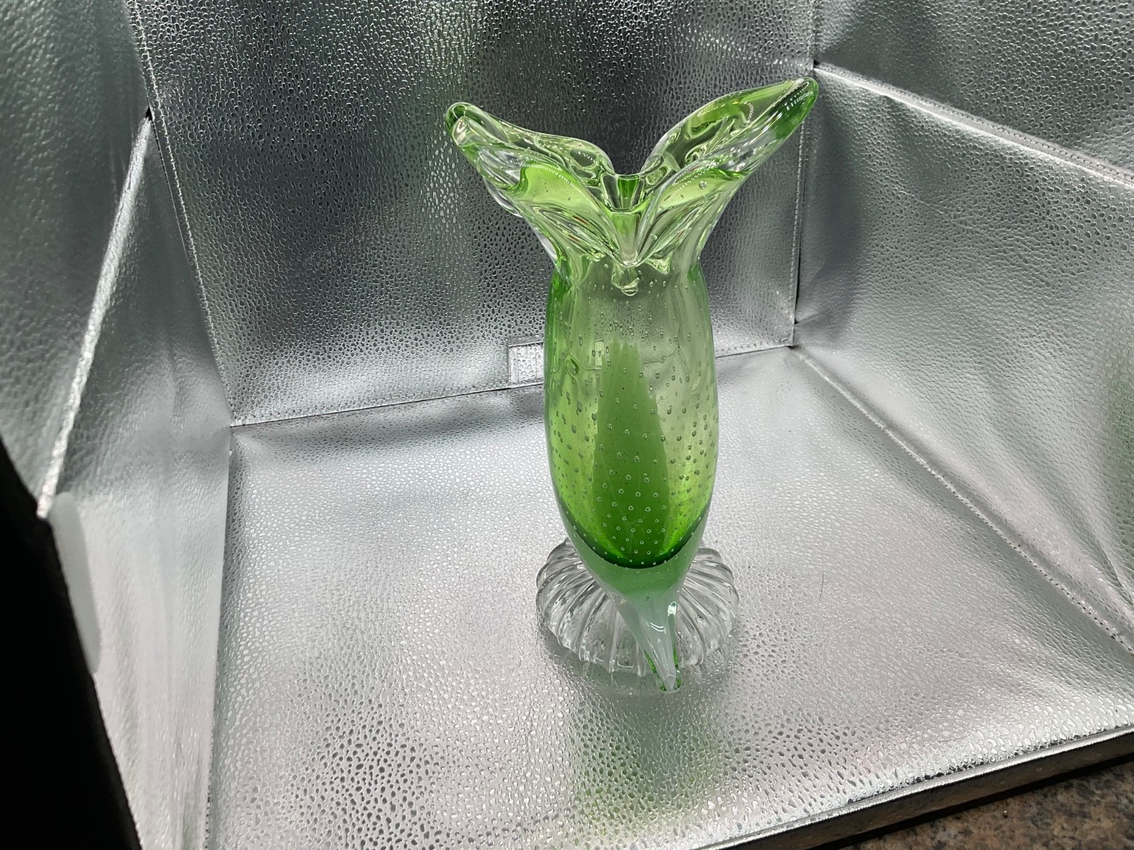 VTG Murano Art Glass Owl Sculpture Vase Light Green Controlled Bubble – 10” MINT