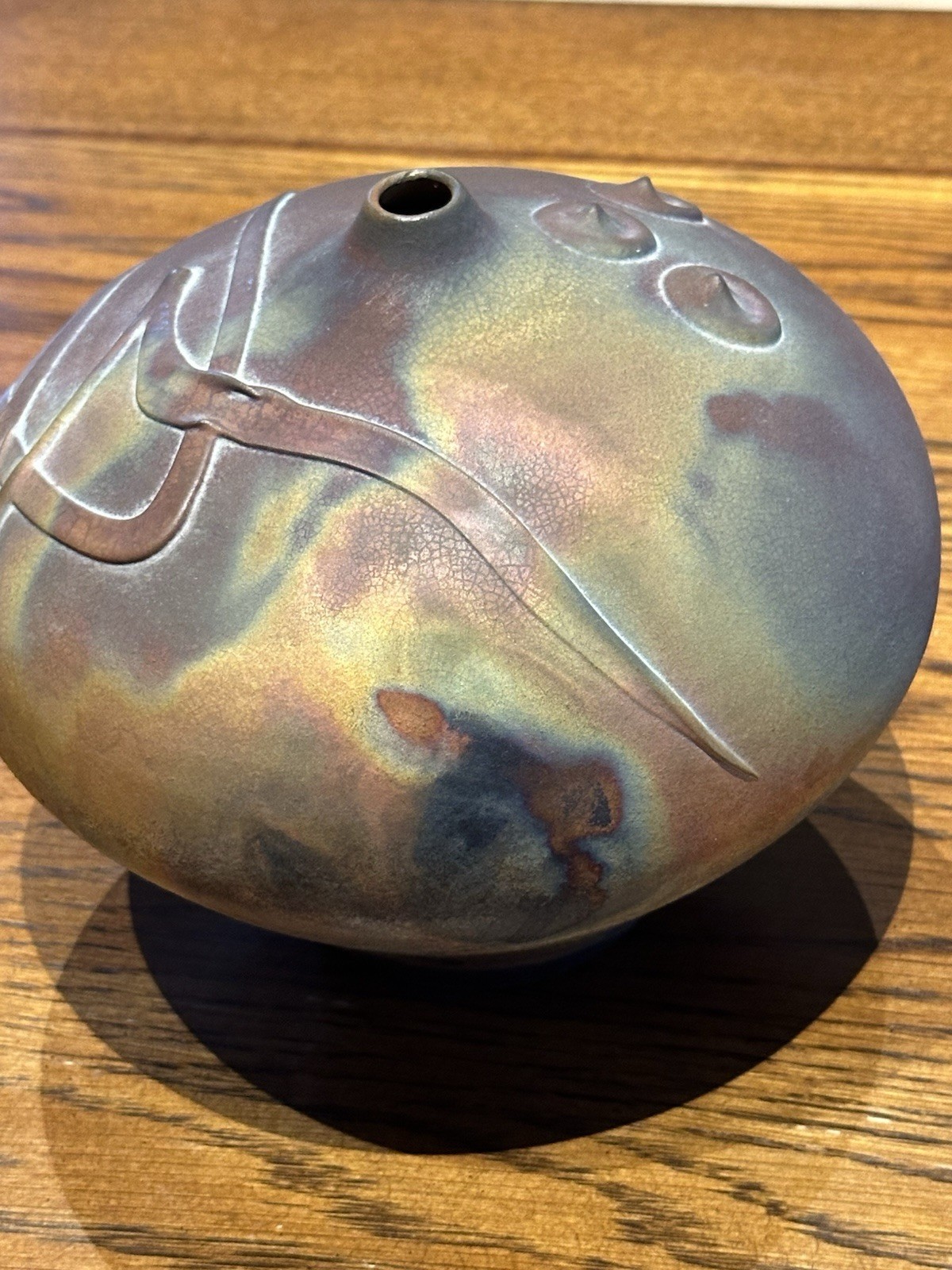 COPPER Raku Pottery Art Vase KERRY GONZALEZ Clay Signed Multicolor Copper Tones