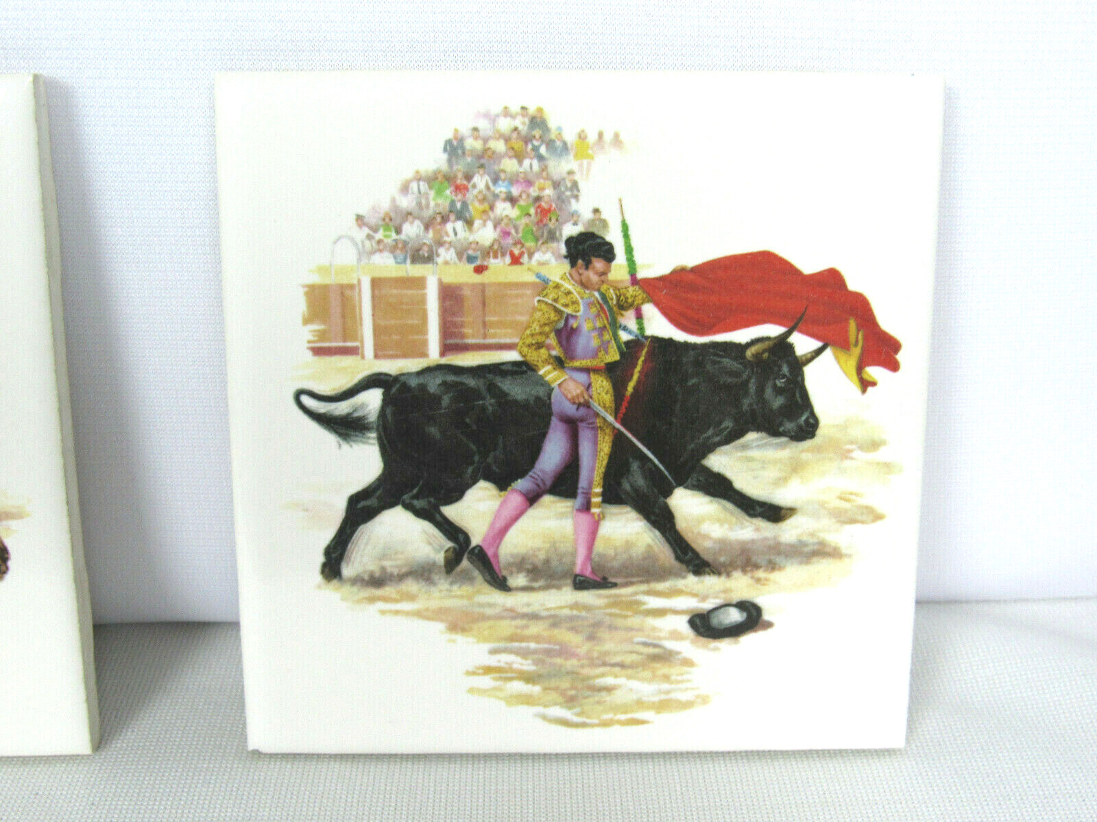 SET OF 4 VTG WENCZEL SPANISH BULLFIGHTER TILES 4 5/16″ by 4 5/16″