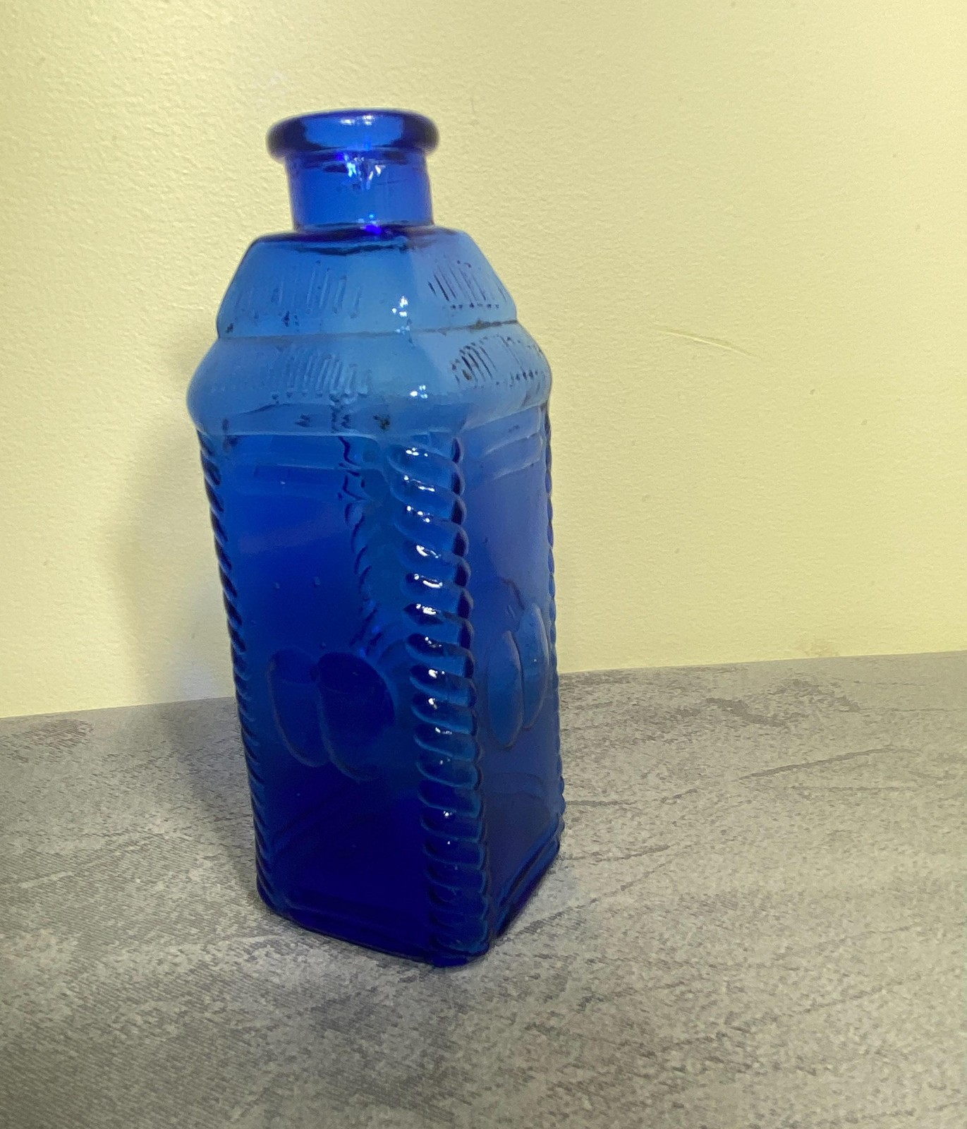 Vintage Cobalt Blue Glass Bottle Embossed Fruit Textured Taiwan Kitchen Decor 6″