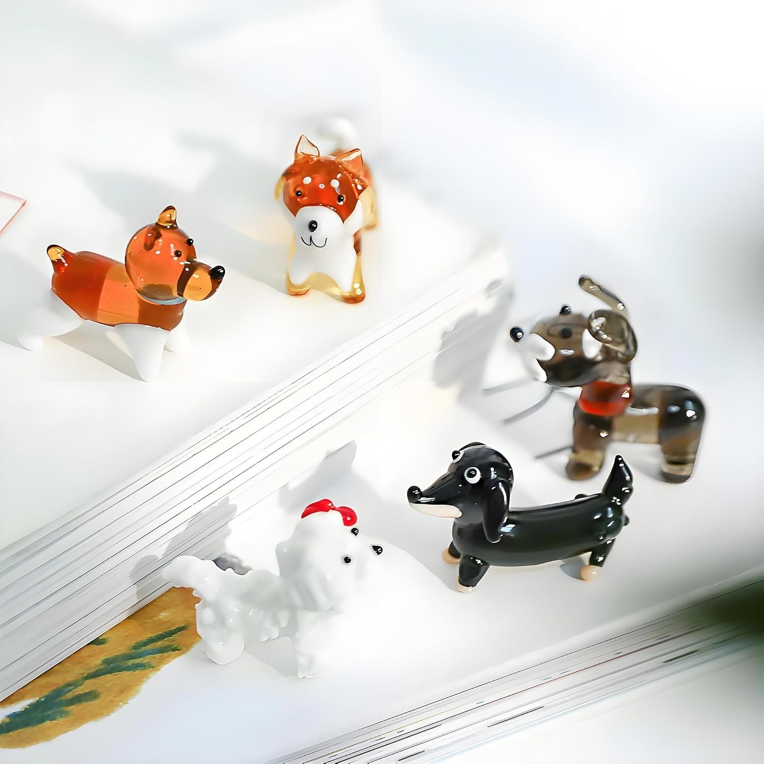 5 Piece Hand Blown Glass Figurines Mini Dog Statue Includes Dachshund, Beagle…