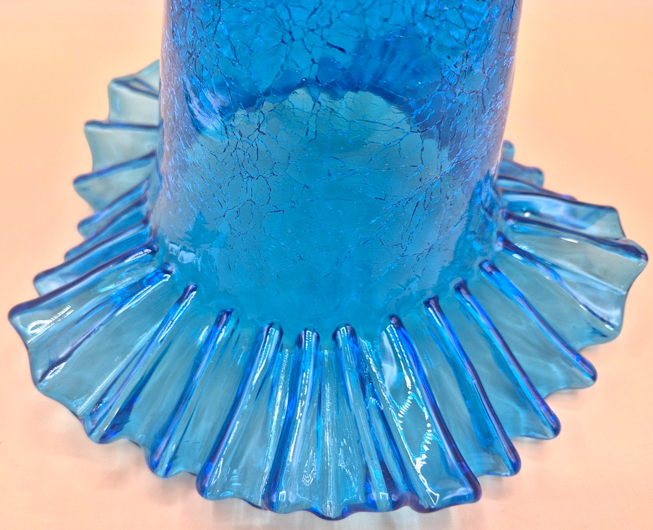Vintage Beacon Blue Crackle Glass Ruffled Tulip Vase Pontil Base Excellent