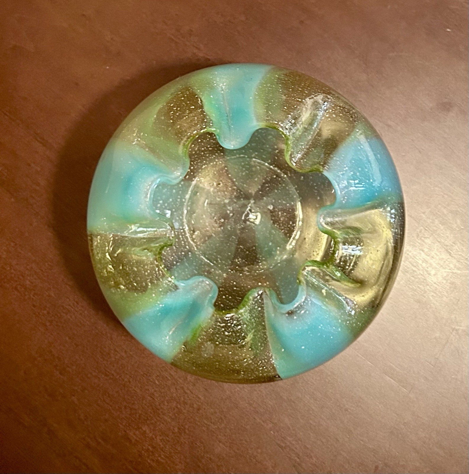 Vintage Art Glass Rose Bowl W/ Silver Mica Fleck, Crimped Bowl, Pontilled