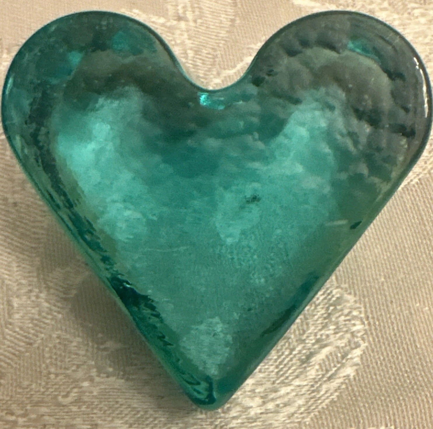 Fire & Light Signed Recycled Art Glass Heart Paperweight Aqua Fire and Light