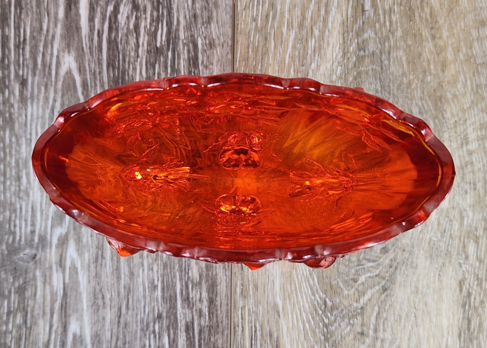 Fenton Amberina Glass Cabbage Rose Footed Planter Dish – GLOWS!