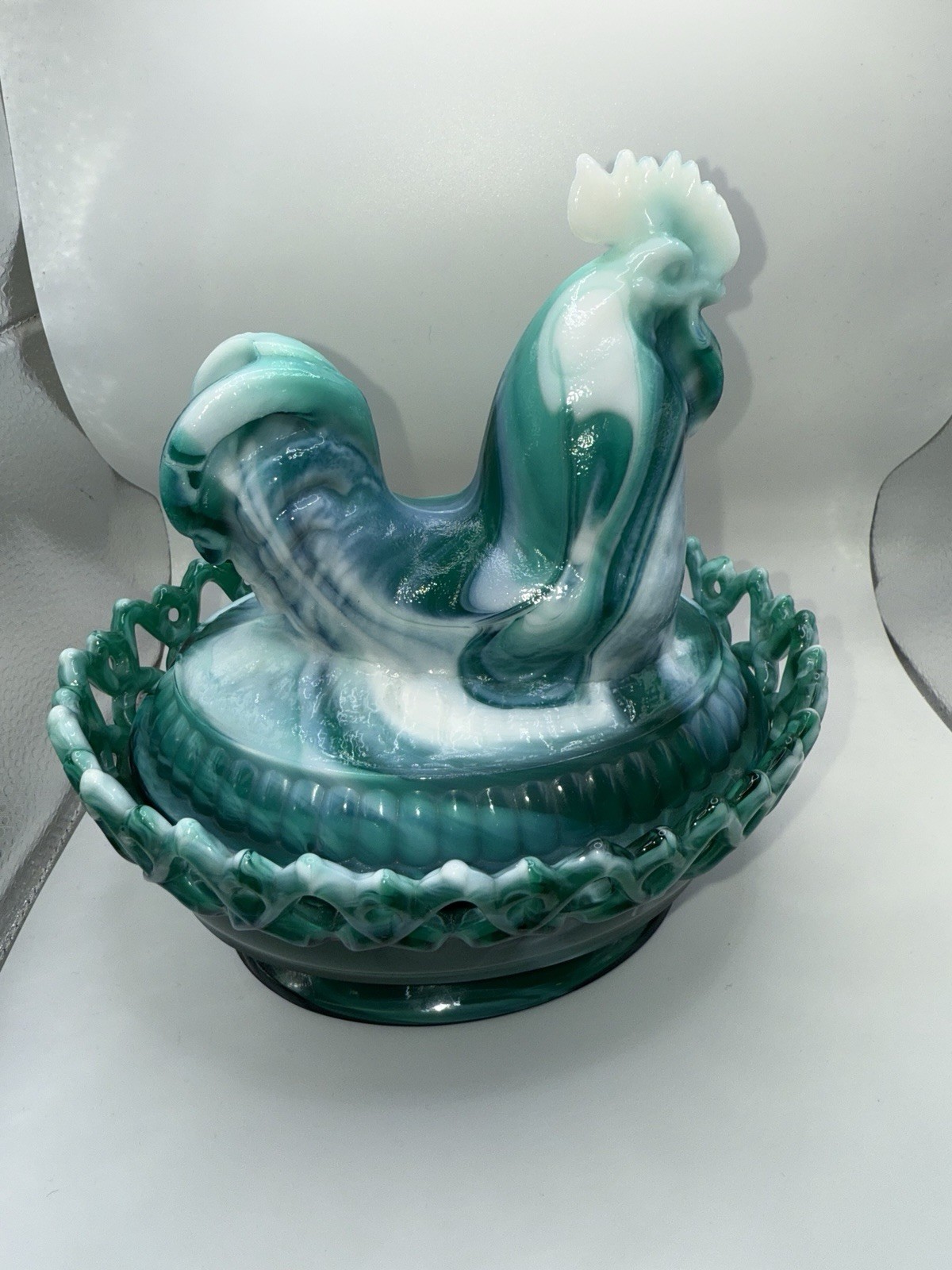 Extremely Rare Vintage Imperial Royal Green Slag Rooster On Nest *Large*