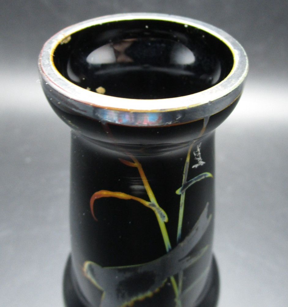Czechoslovakian Black Glass Vase With Hand Painted Silver & Gold Overlay-worn