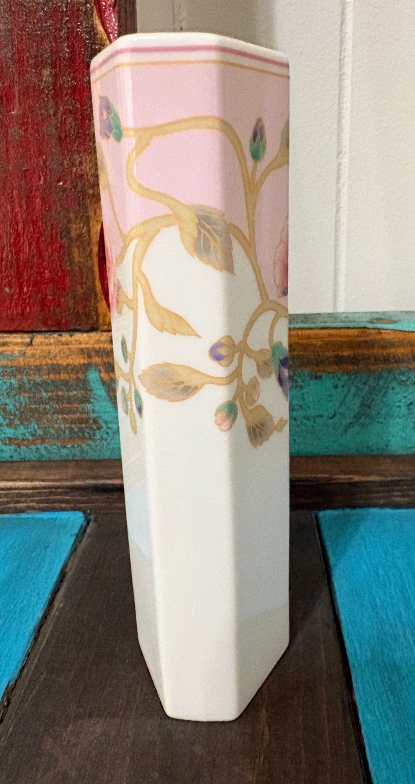 Vintage Takahashi San Francisco White Porcelain Bud Vase Pink Peonies Hand Paint