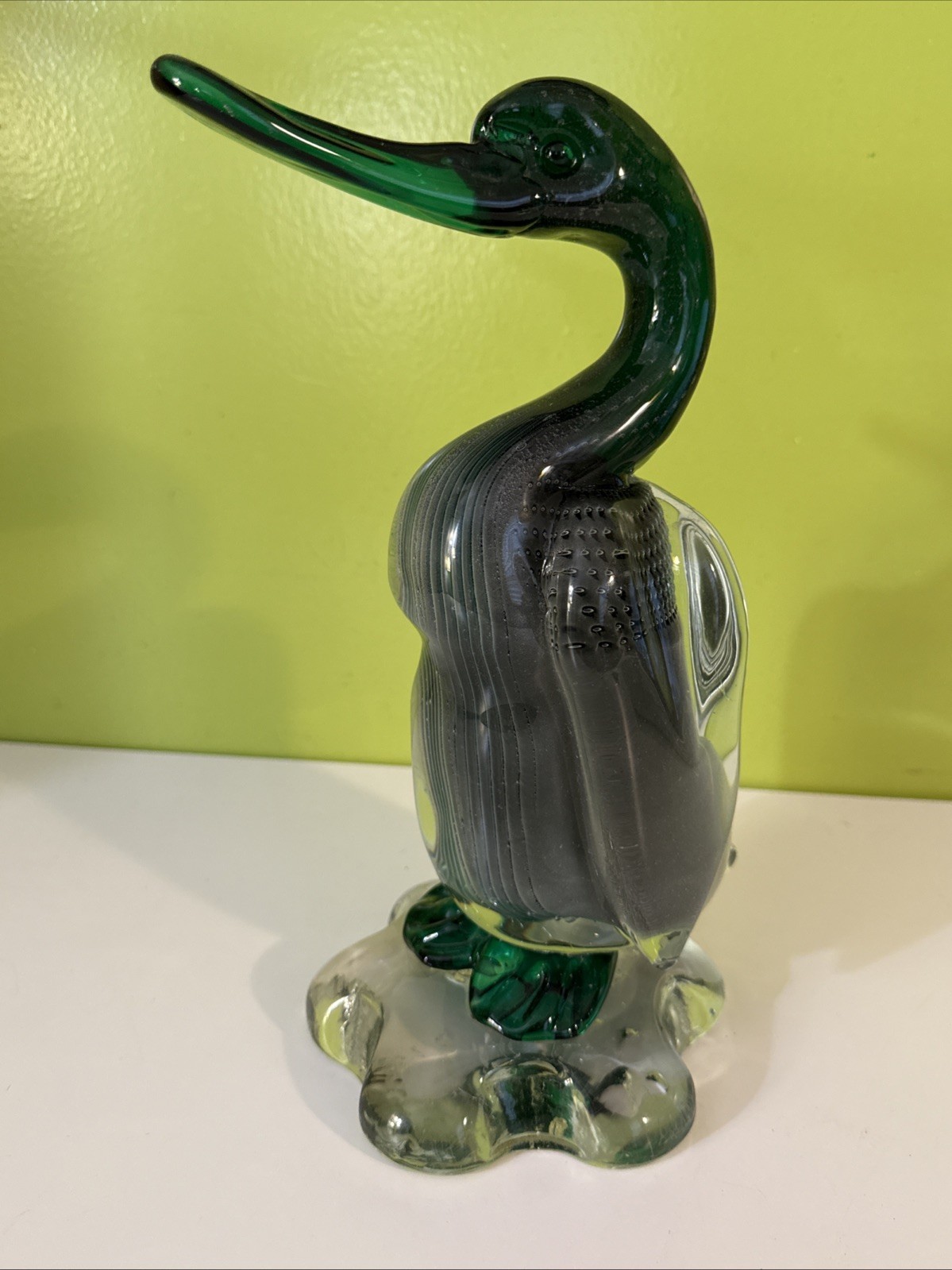 Vintage Alfredo Barbini VAMSA Murano Green Glass Duck Sfumato Bullicante, 11.5”
