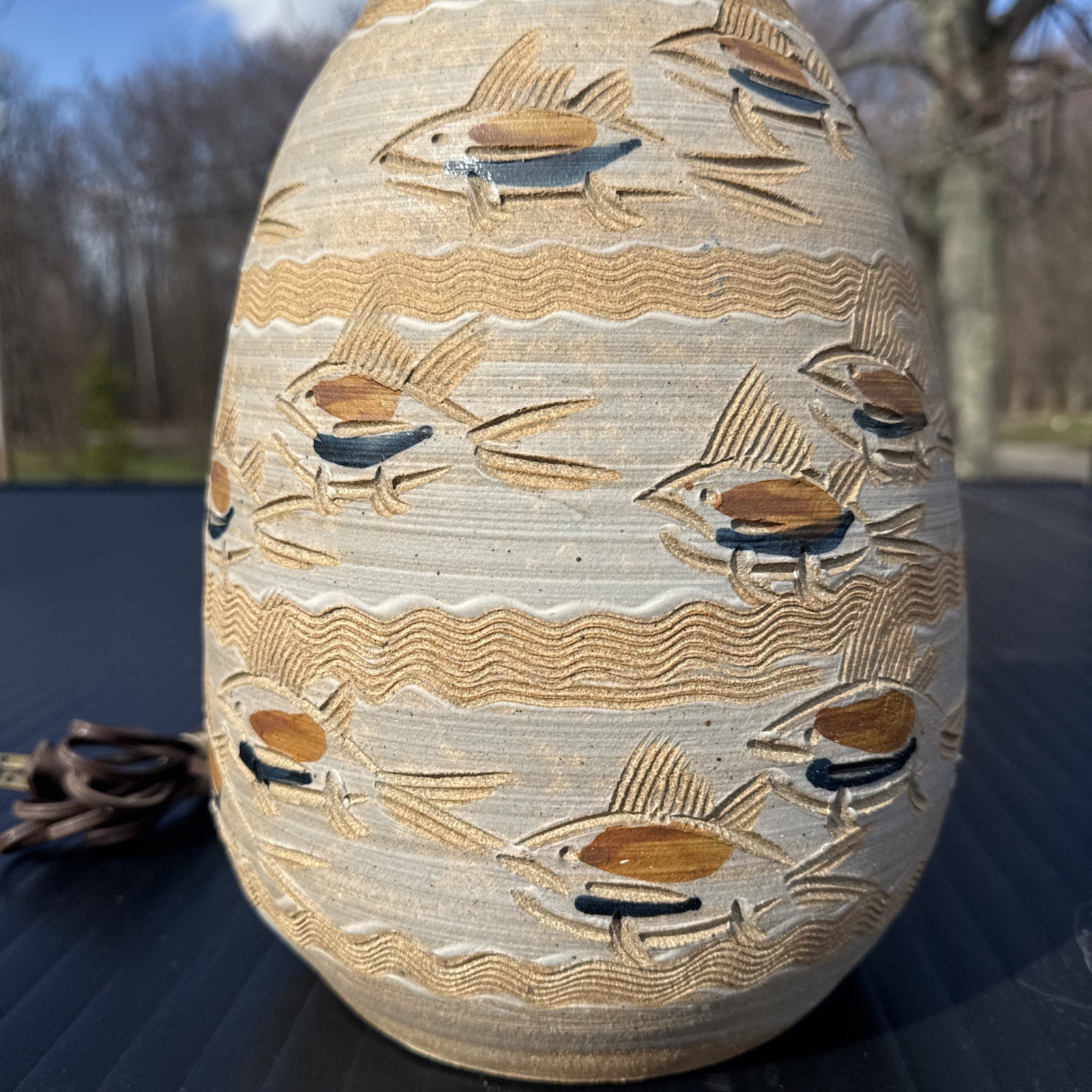 Jim Reinert Mich Artist Pottery Swimming Fish Vase Large Table Lamp Stoneware