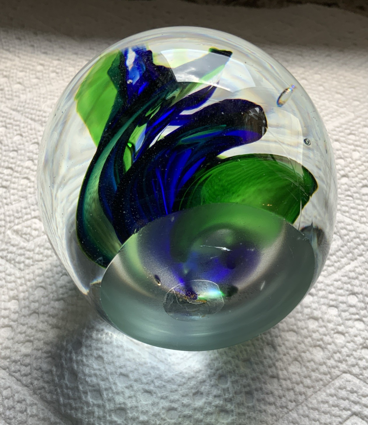 Vintage Decorative Hand Blown Glass Paperweight, Circular 6″, Blue Green,White