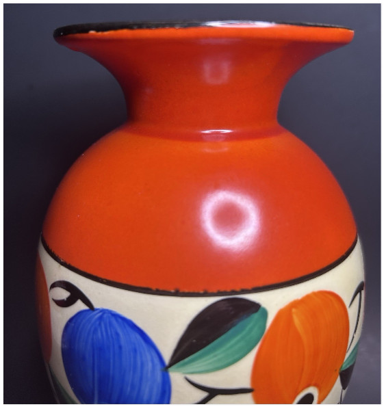 1930s Czechoslovakia Art Deco Hand Painted Fruit/Floral 7.25″ Vase Ditmar Urbach