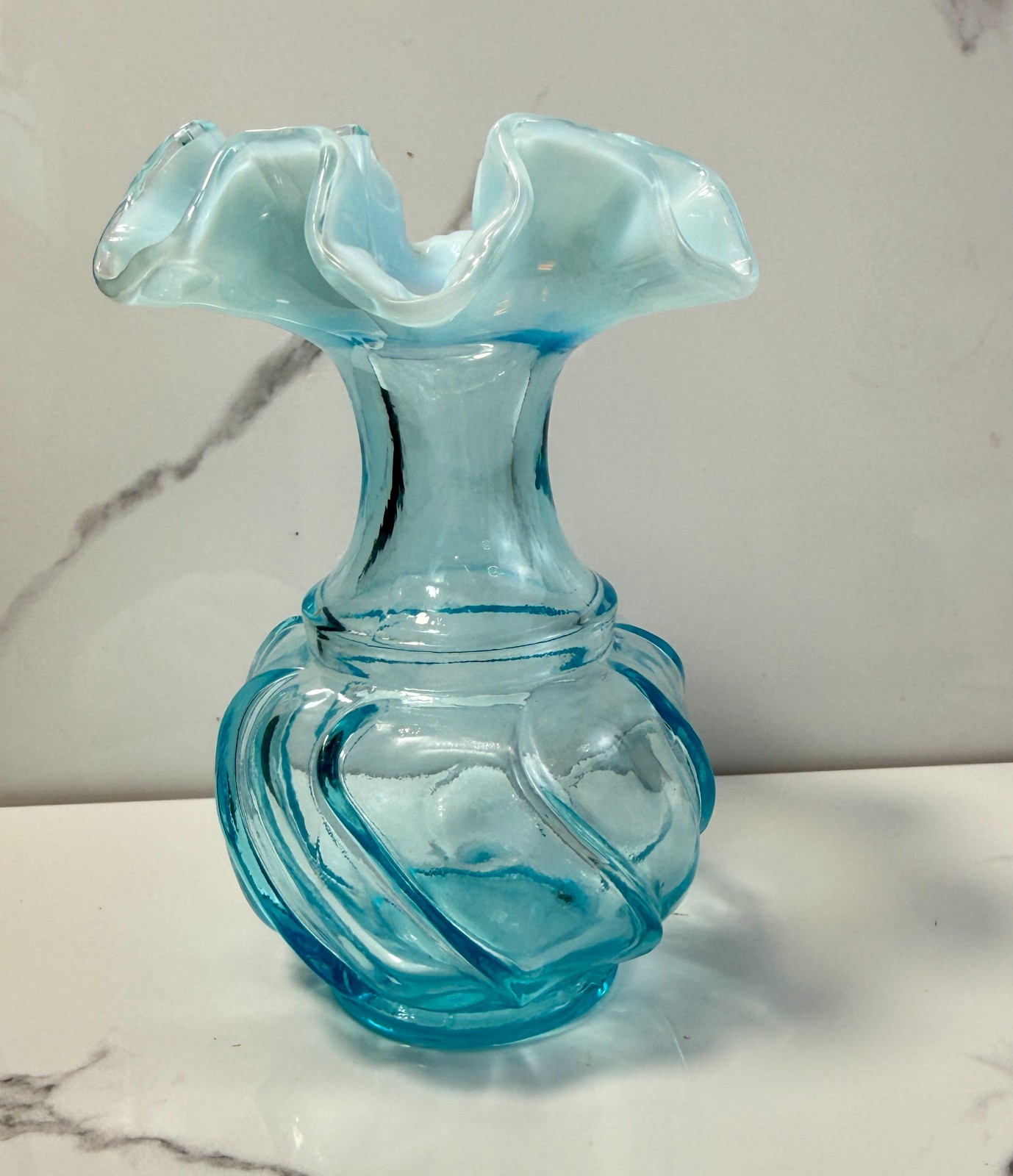 1970s Fenton Opalescent Wave Top Aqua Art Glass Vase Swirl Base Vintage