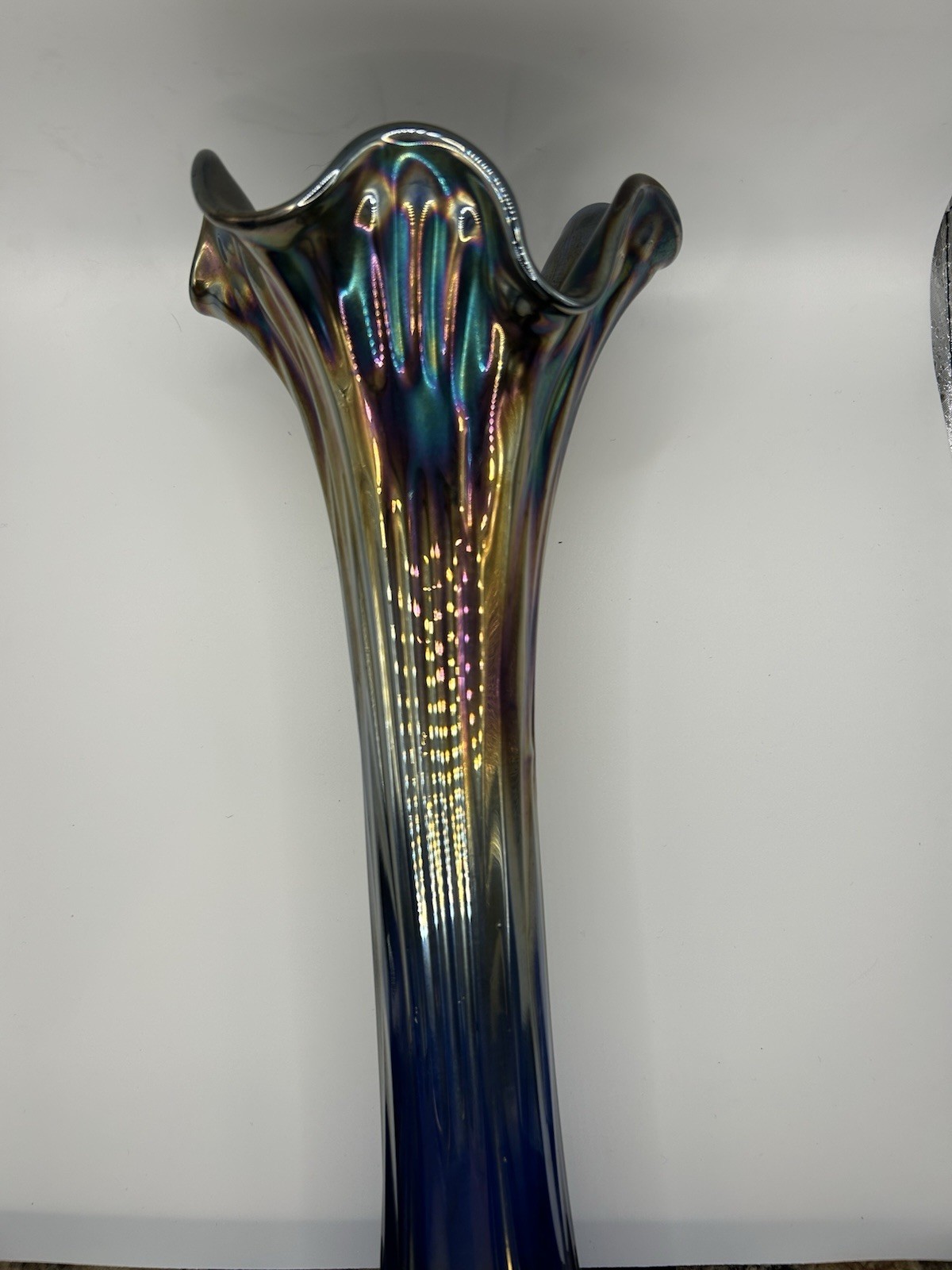 Vintage Fenton Blue Carnival Glass Nine Sixteen Ruffled Swung Vase 14 1/2 in