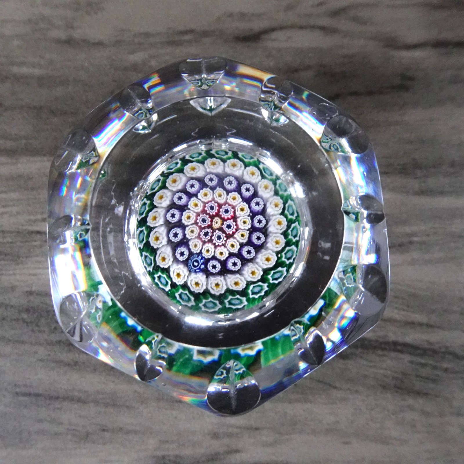 1974 Whitefriars England Faceted Millefiori Art Glass Paperweight Monk Cane