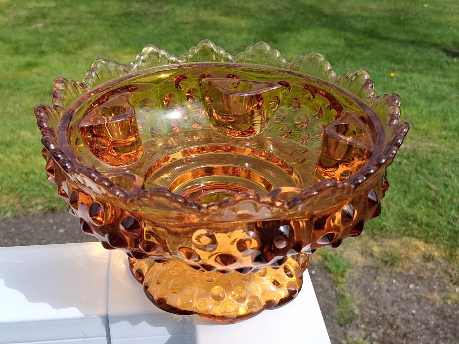Fenton Colonial English Hobnail Amber Glass 6 Candle Holder Centerpiece Bowl