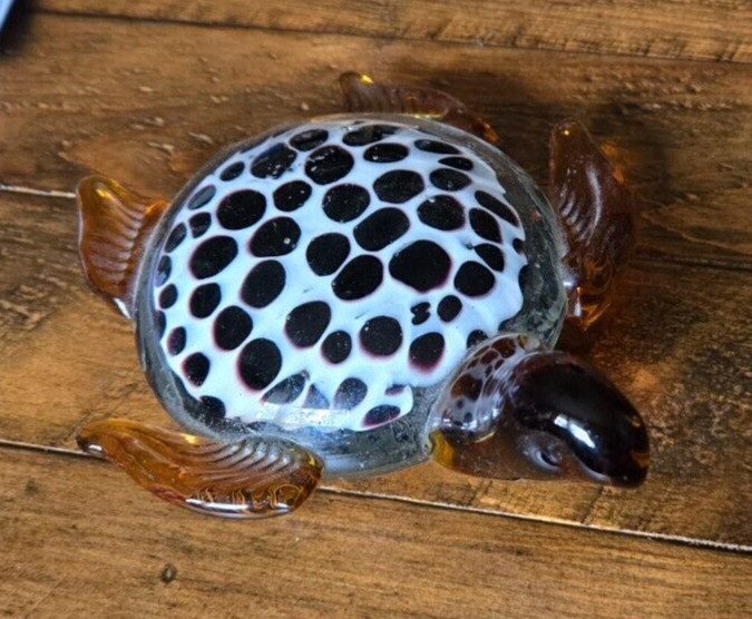 Glass Sea Turtle Paperweight Hand Blown Amber and White with Spots