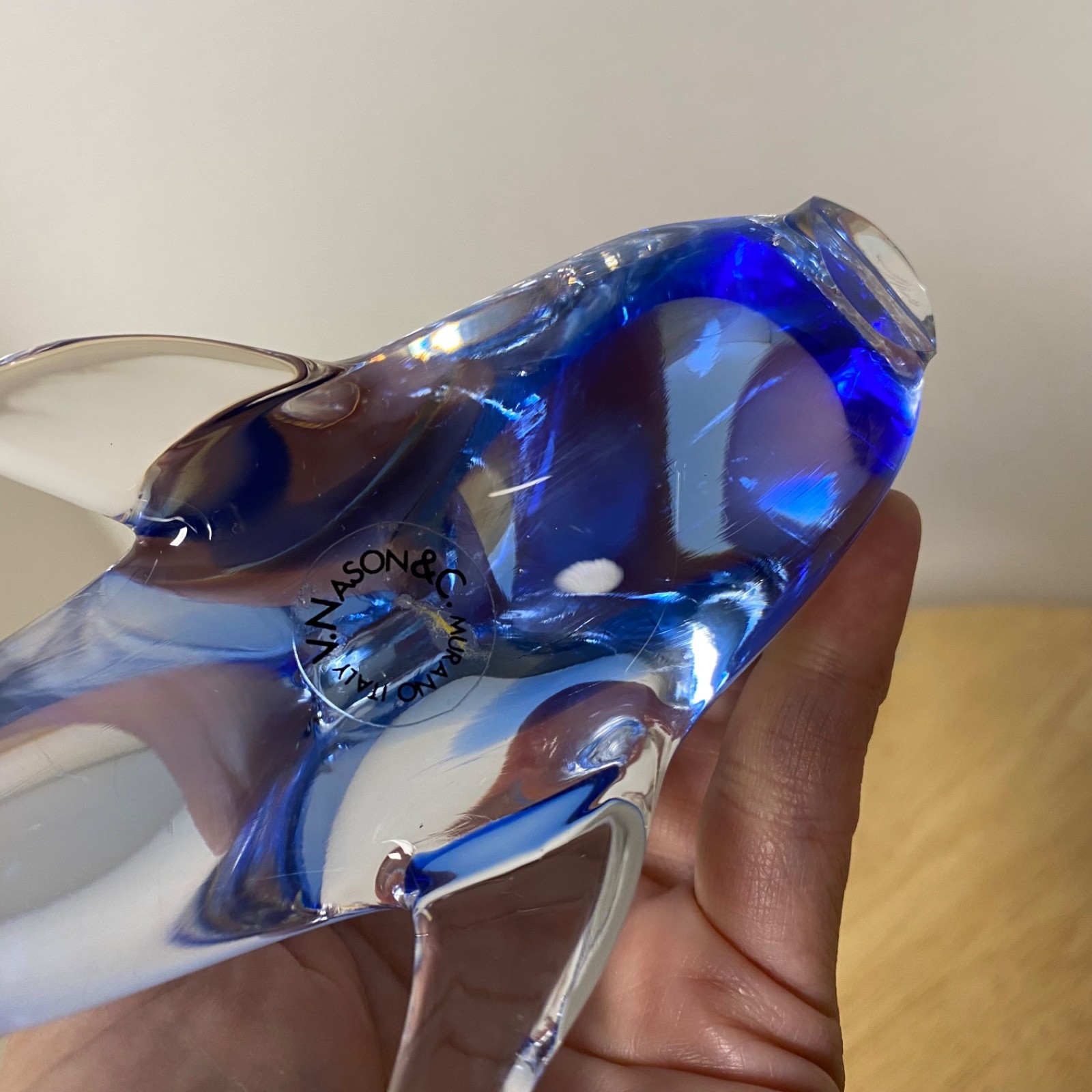 V Nason & C. Murano Hand Blown Art Glass Dolphin 6.5″ Cobalt & Clear