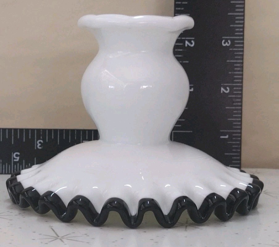 HTF Pair Fenton Ebony Black Crest On White Candle Holders Perfect