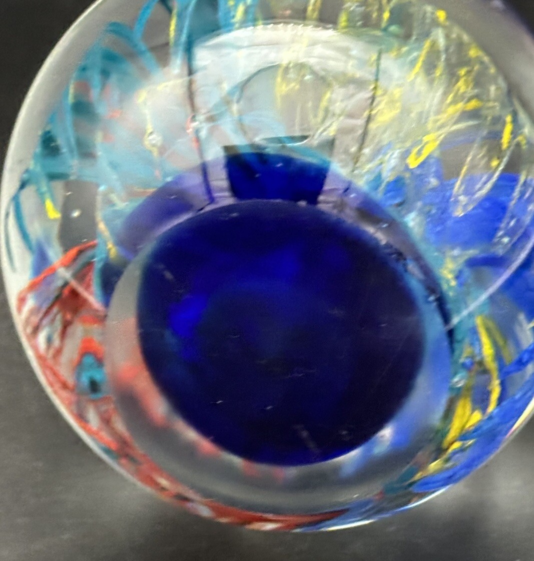 Paperweight GLASS CONTROLLED BUBBLE Abstract Flower Fire Works Cobalt Base Nice!