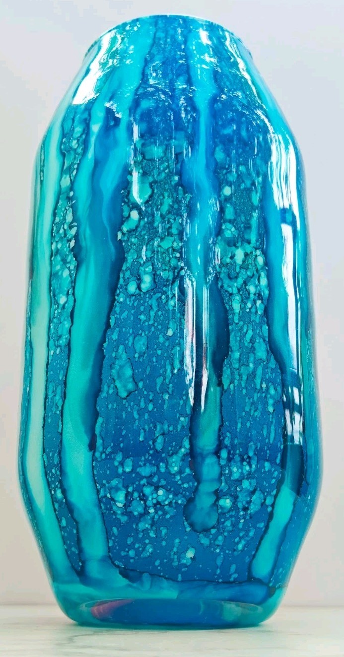 Murano Style Franco italy Hand Blown Art Glass Vase Blue White Streak Design 10”