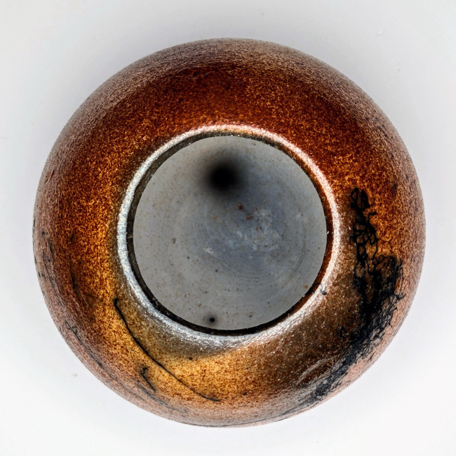 Small Raku Orb Shaped Vessel Metallic Copper Bronze Black Carbon Markings