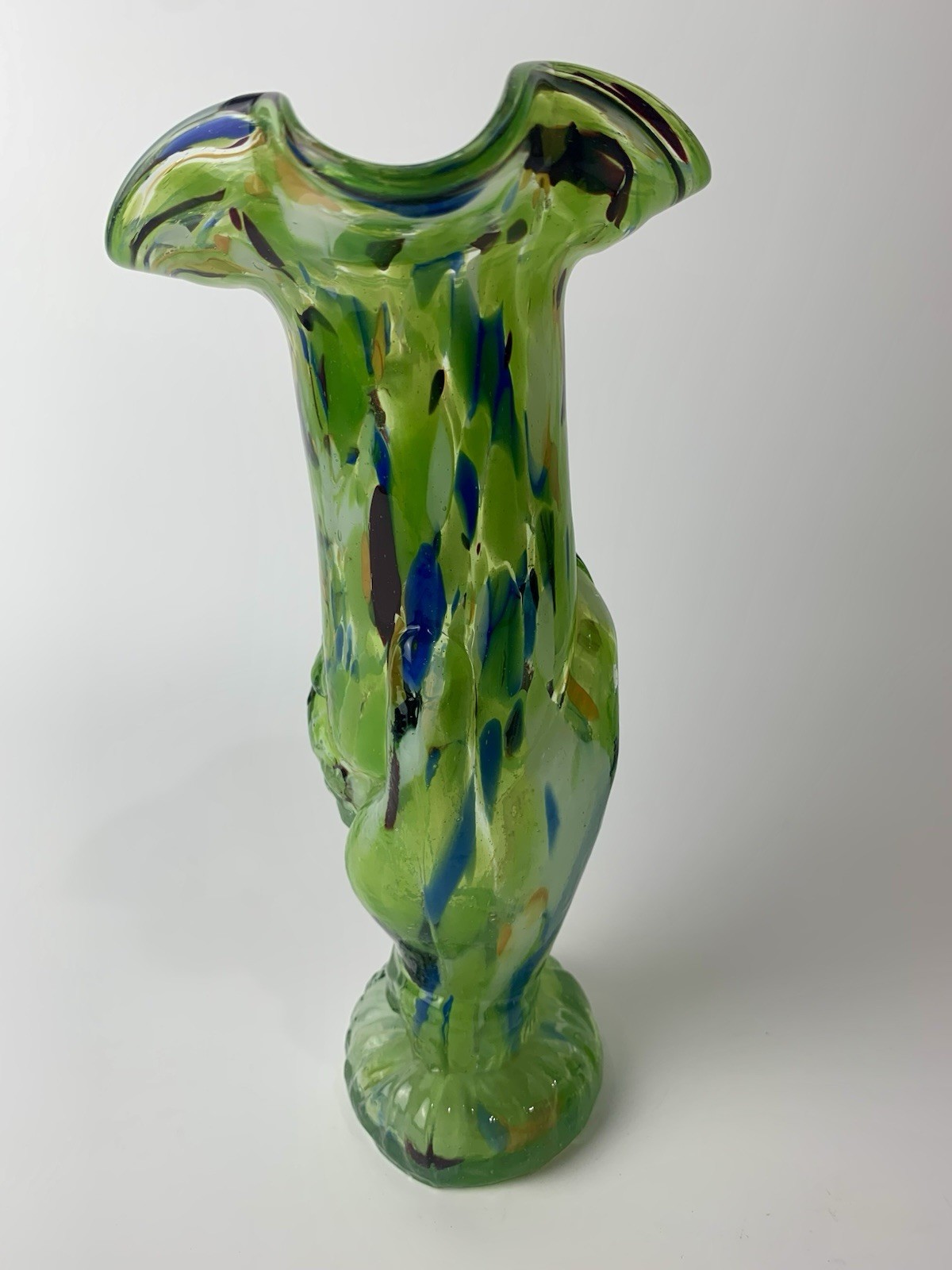 Vintage Splatter Glass Hand Holding Vase – Mold Blown – Cased, Colorful – Czech?