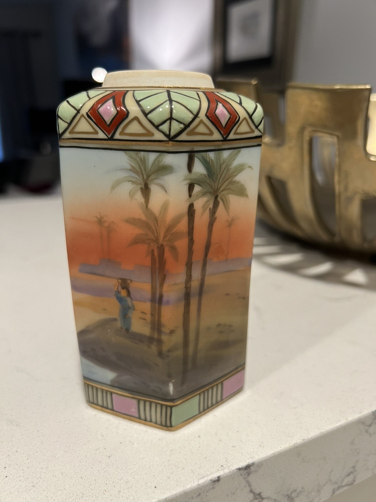 Nippon Porcelain Hand Painted Vase Figure was Palm Tree Must SEE !