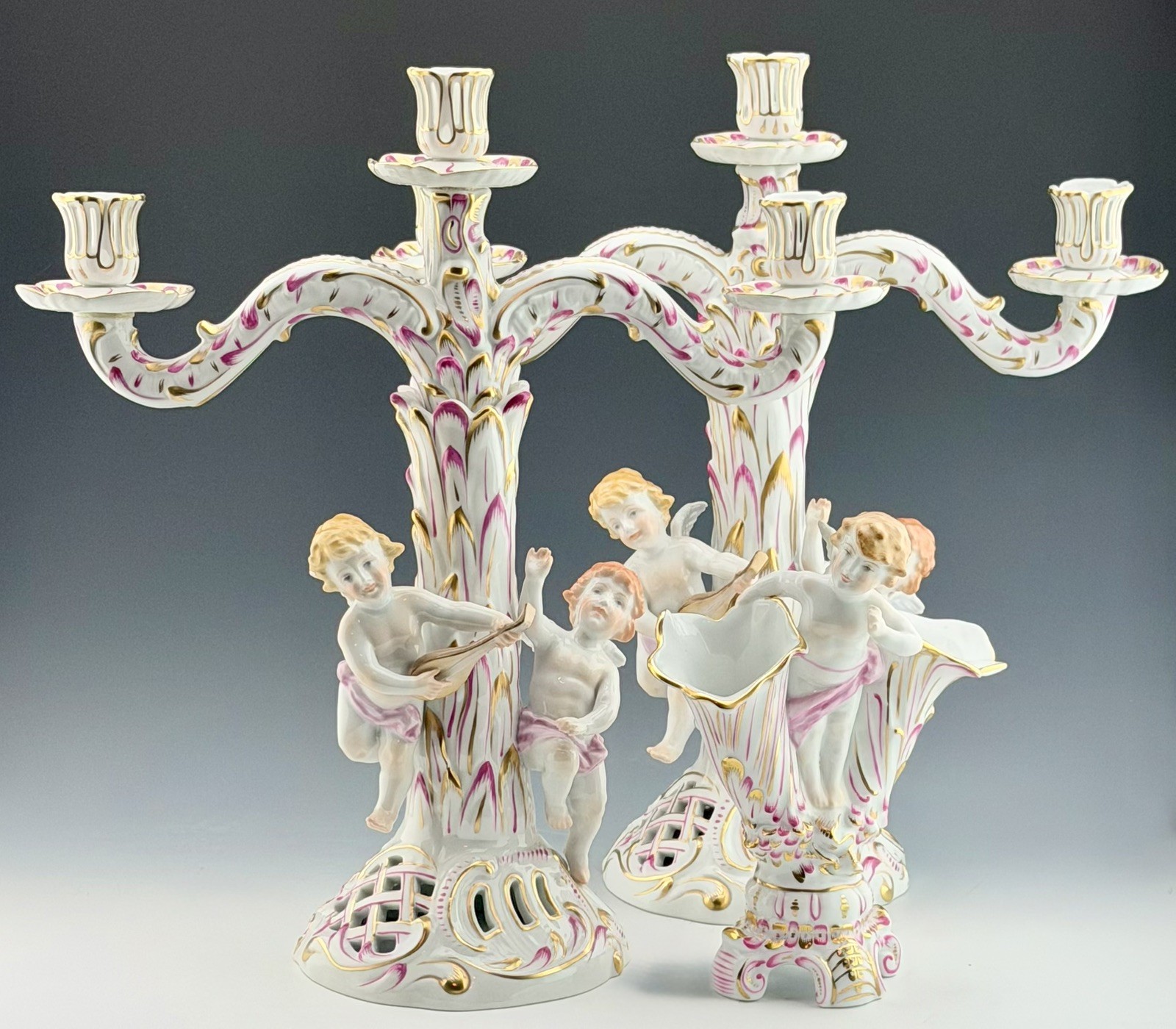 MINT! Stunning HEREND 3 Arm Baroque Candle Candelabra Pair & Vase