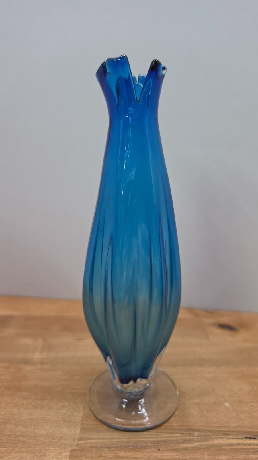Vintage Lefton Blue Art Glass Swung 6.75″ Tall Vase Clear Base