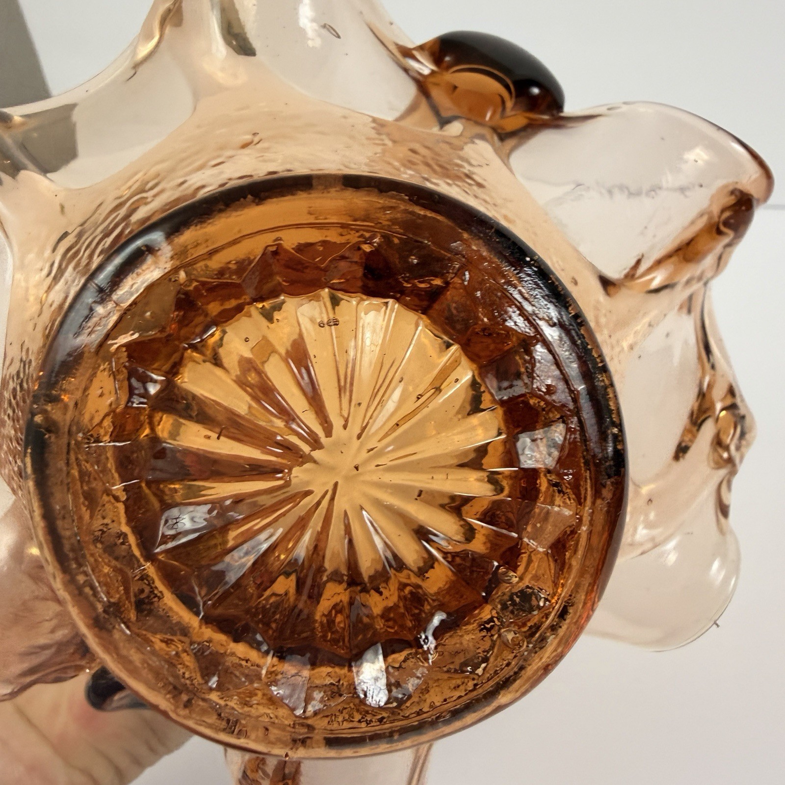 Elegant Pink Amber Rose Depression Glass Basket Vase Floral Design 6″ Vintage