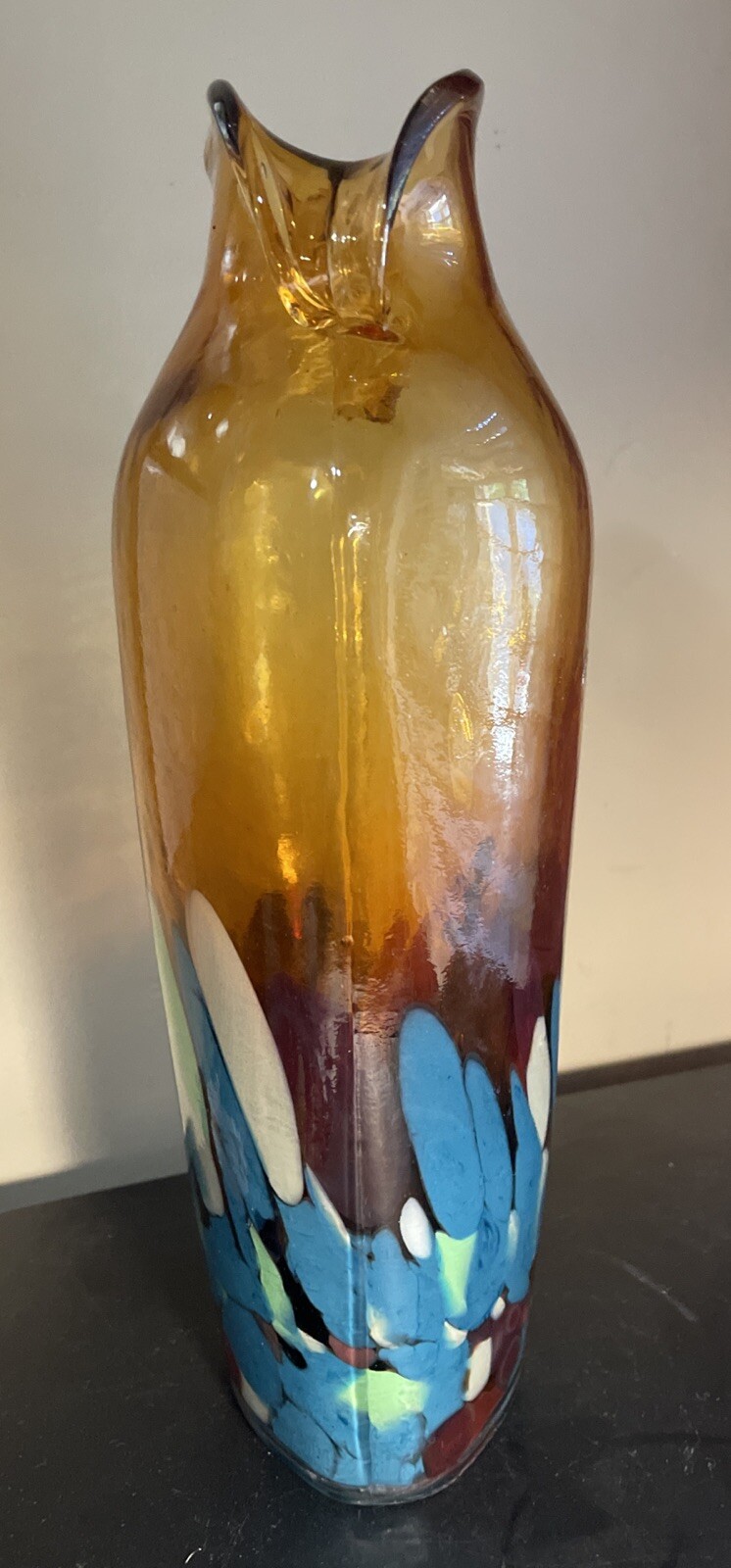 11.5” Art Glass Vase Hand Made Double Handled Multi Colored Base