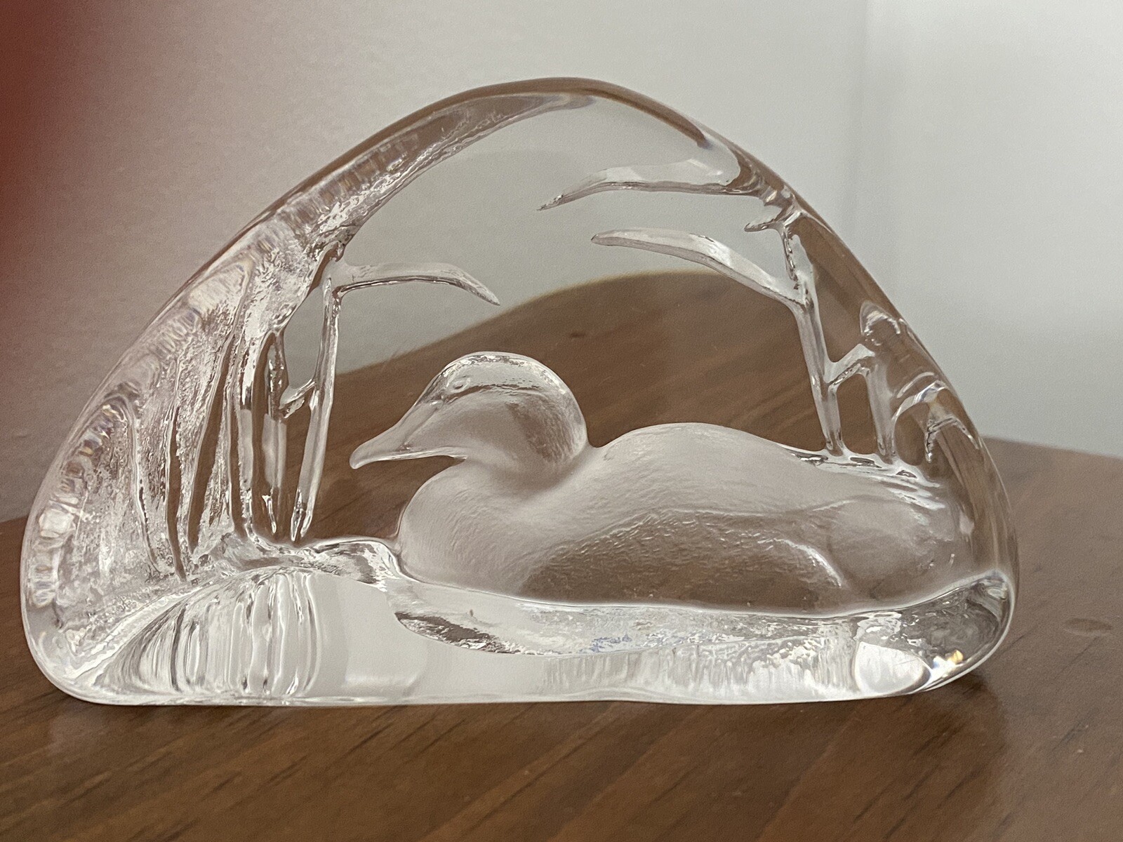 Vintage MATS JONASSON Crystal GLASS Etched DUCK Paperweight SIGNED 2.25in
