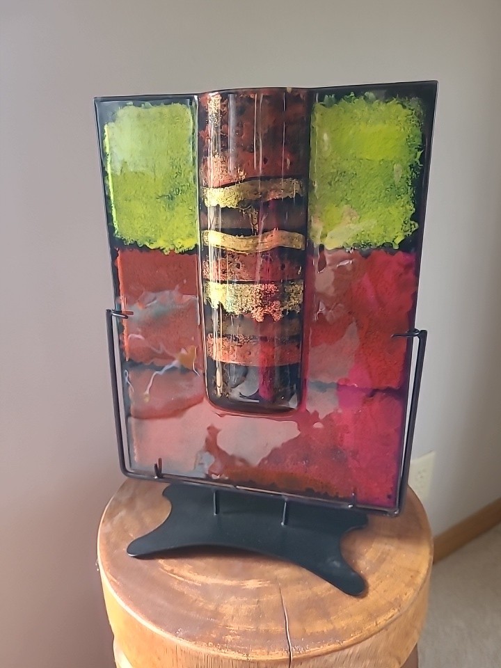 Jasmine Art Glass Fused Glass “U” Pocket Vase With Metal Stand – Beauty..signed