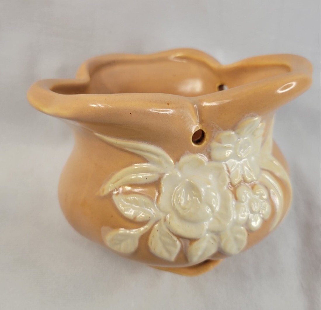 Vintage WELLER POTTERY Peach & White HANGING PLANTER BASKET With Drainage.