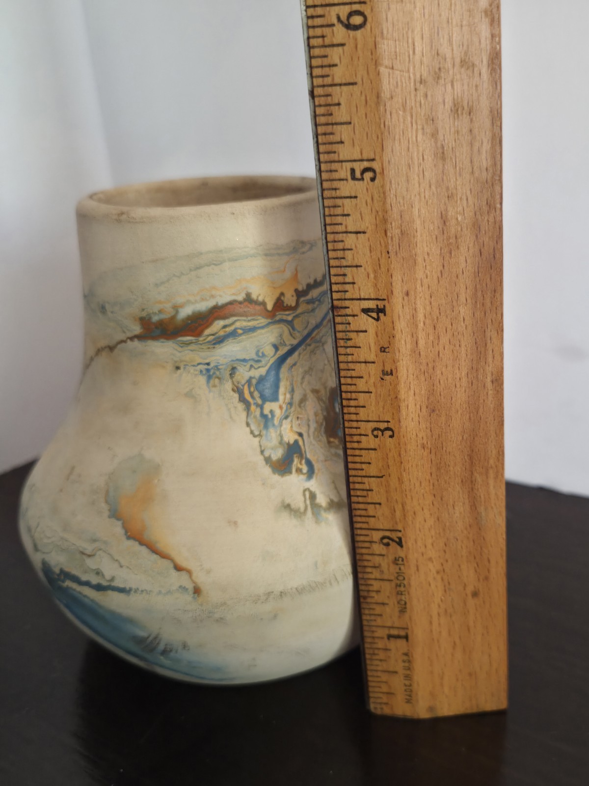 Nemadji Pottery Vase 5 inch Matte Color Swirl Vase Made In USA Blue Brown