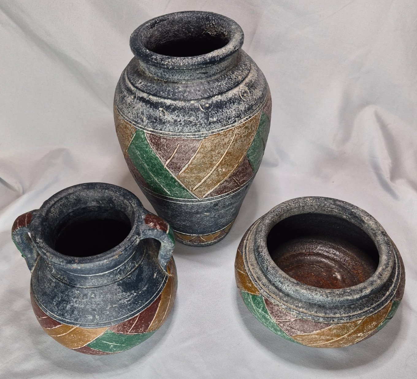 Vintage Southwest Style Pottery Vase Urn Bowl Jug Set of 3 Hand Painted Decor