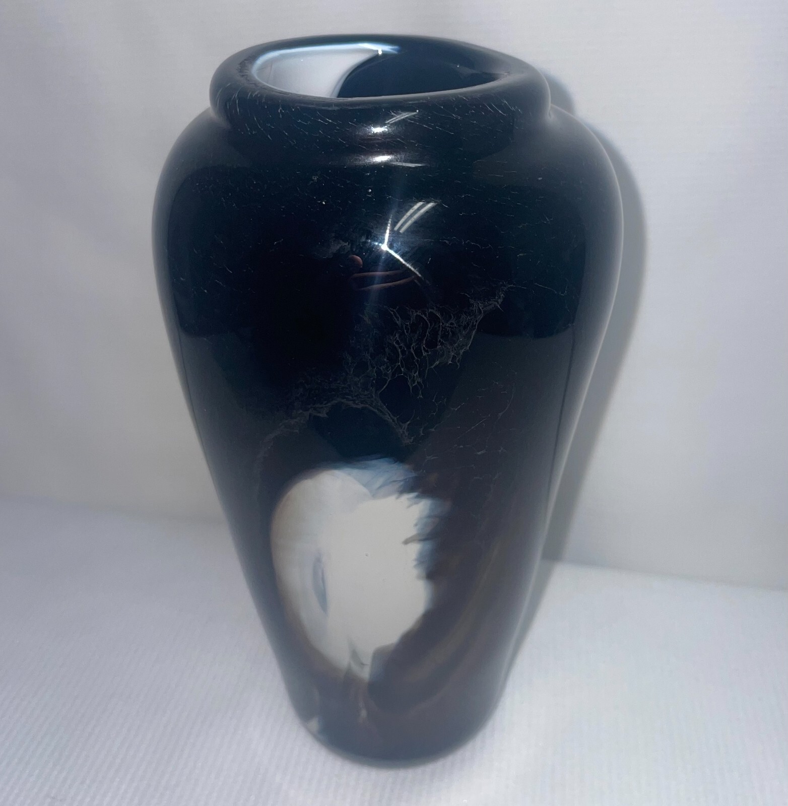 Art Cased Glass Brown W/White Inside Vase White Abstract Pattern 6 1/2 Inches