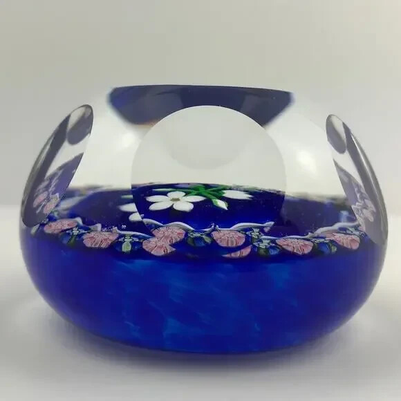 Perthshire 1986B Bouquet Lampwork Flower Millefiori Twist Facet Blue Paperweight