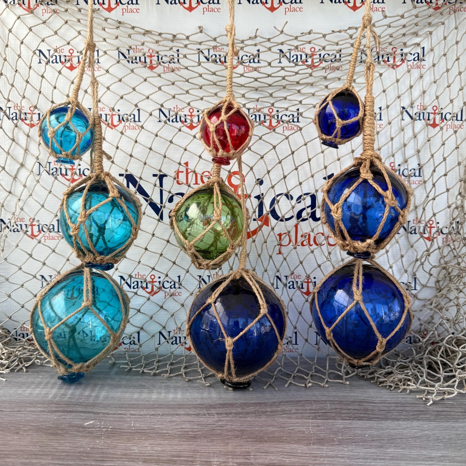 3 Glass Fishing Floats On Jute Rope, Red, Green, Blue, Aqua Fish Net Buoy