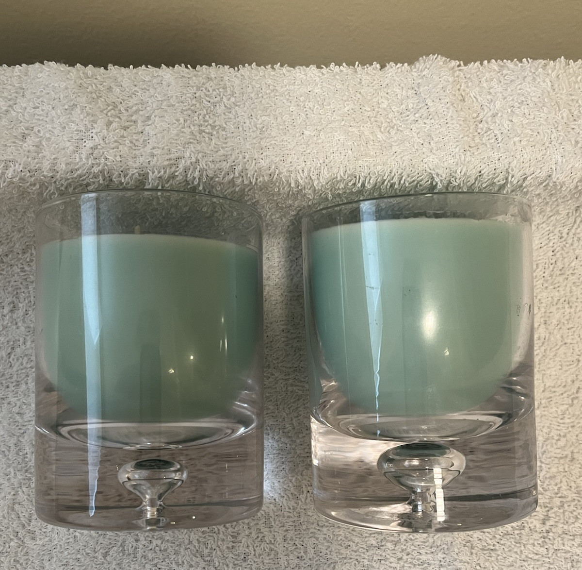 Two 4″ Votive Candles Art Glass Controlled Bubble Mint Green Spring