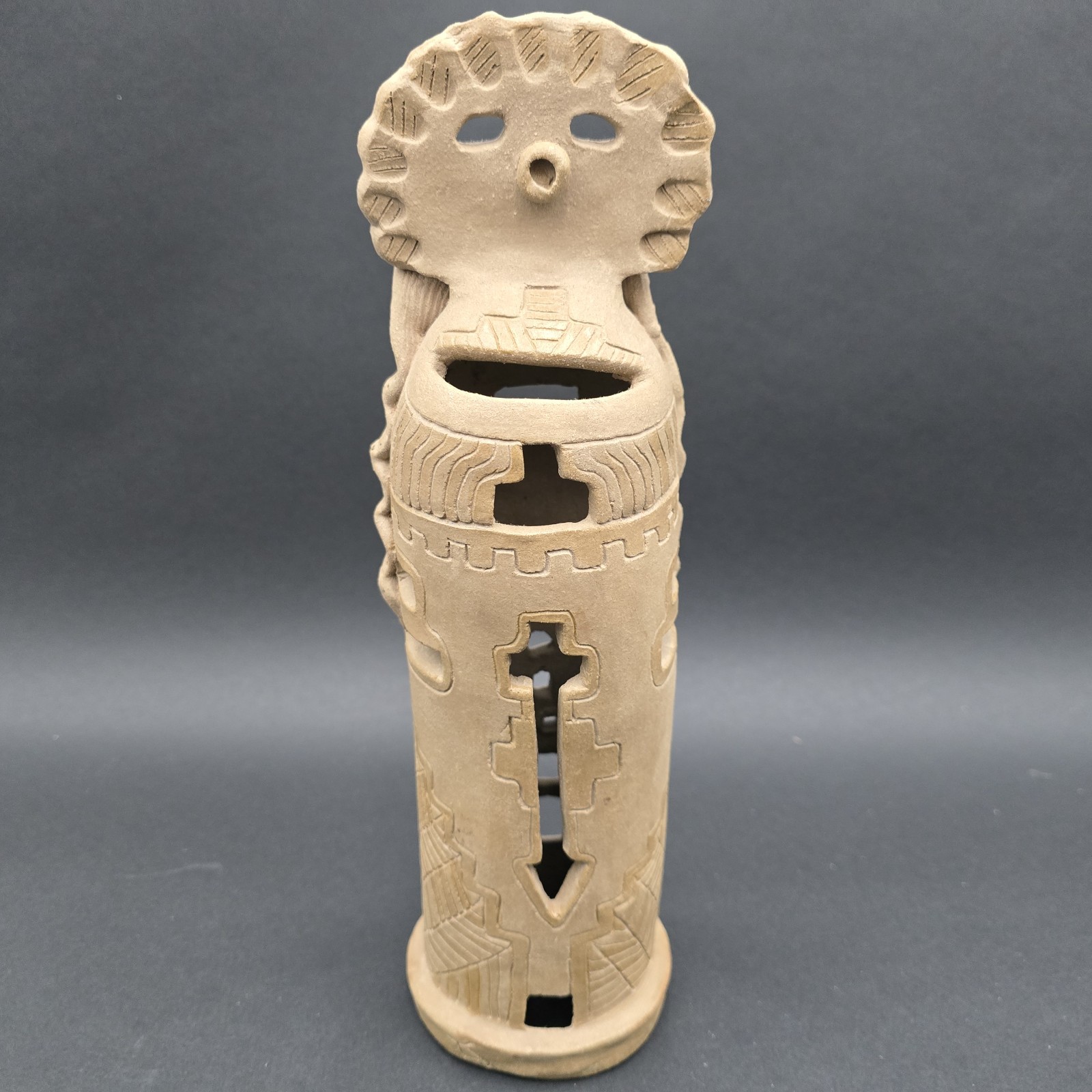 Clay Pottery Kachina Sculpture Candle Luminary Signed 12.5″ Native Folk Art