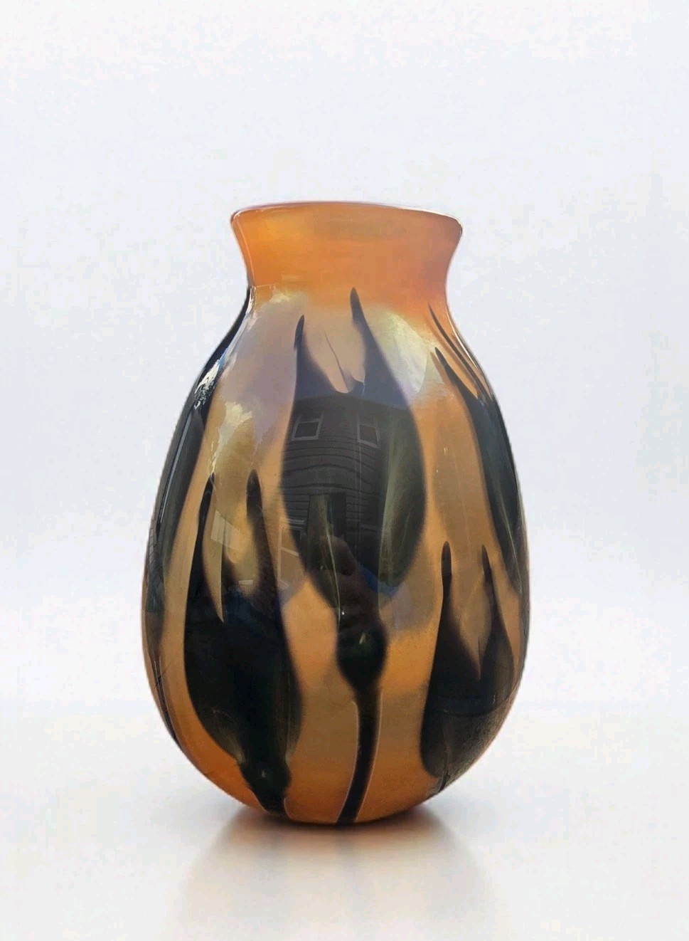 Charles Lotton 1997 Art Glass Vase Feathered Floral Halloween Colors 10″ Signed