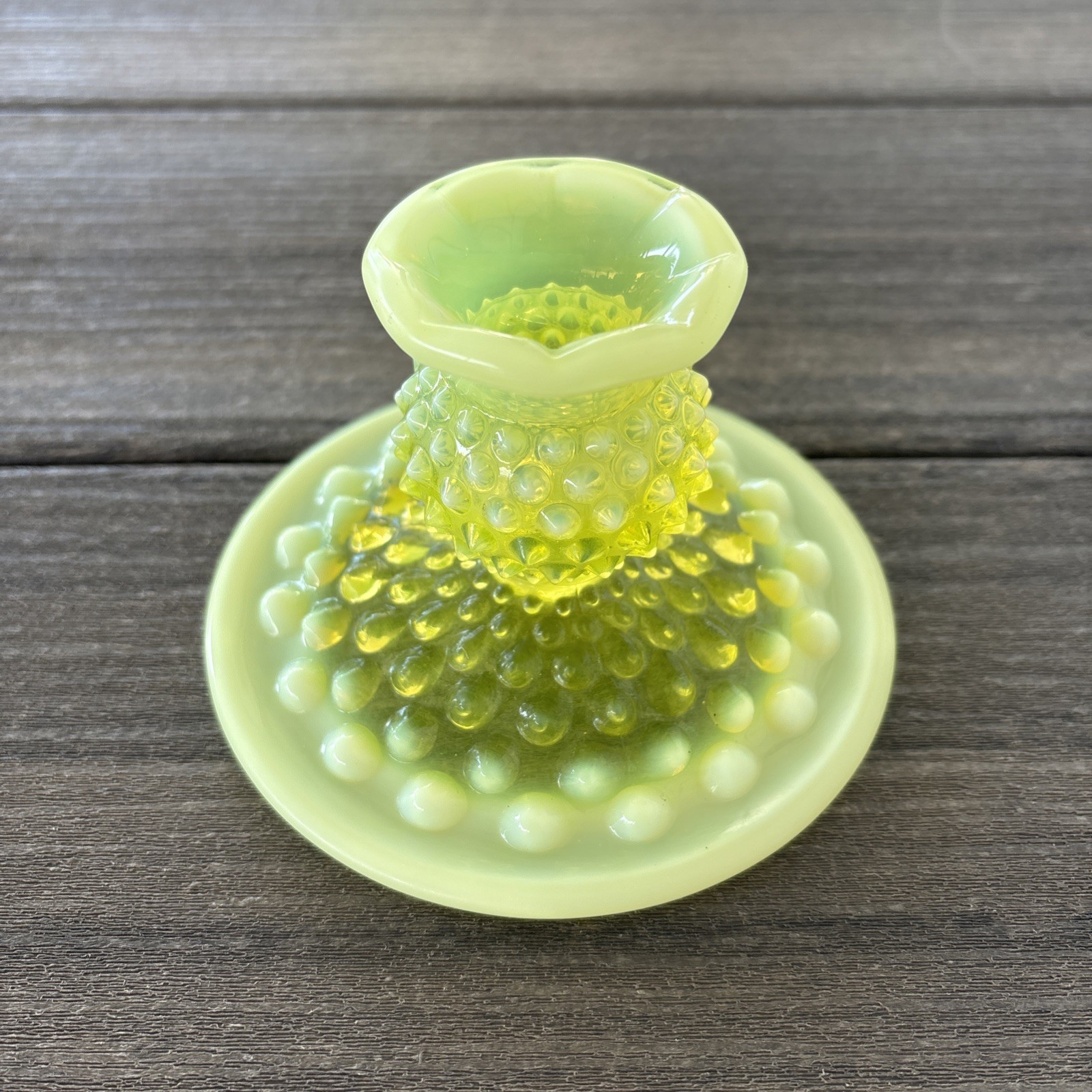 1 Fenton Hobnail Candlestick Holder Vaseline Topaz Opalescent Uranium 3” H
